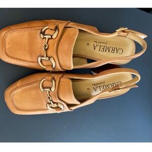 CARMELA Women's Tan Leather Square Toe Slingback Loafer Heel Shoes Size 39